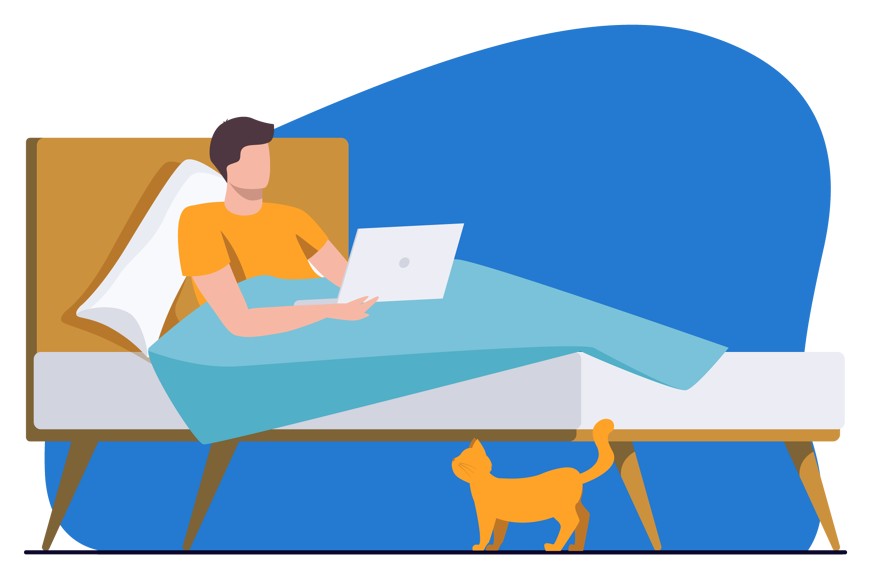 Ilustração de um homem sentado na cama, apoiado em uma almofada para elevar a parte superior do corpo, mexendo no computador. No chão, um gato.